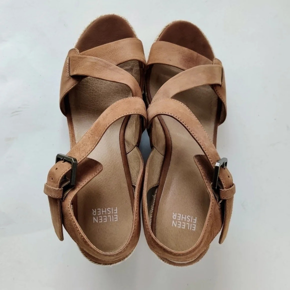 EILEEN FISHER Beckon Sandals 9.5 Leather Tan Espadrille Wedge - Picture 3 of 11
